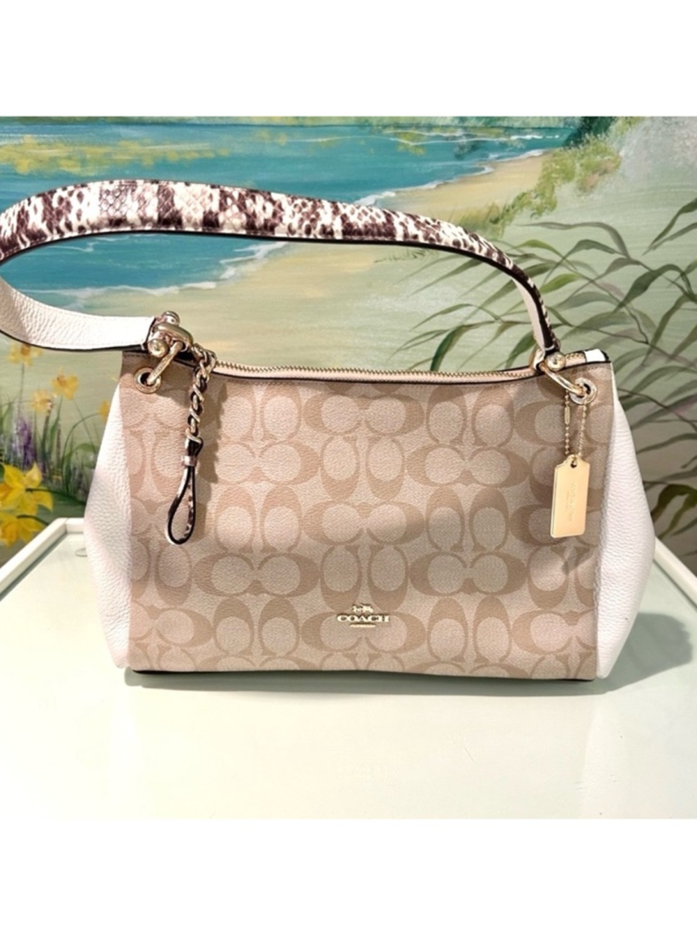 COACH Mia Beige and Chalk/Cream Signature Bag with Animal Print Handle